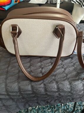 Brown and Cream Structured Shoulder Bag with Top Handles